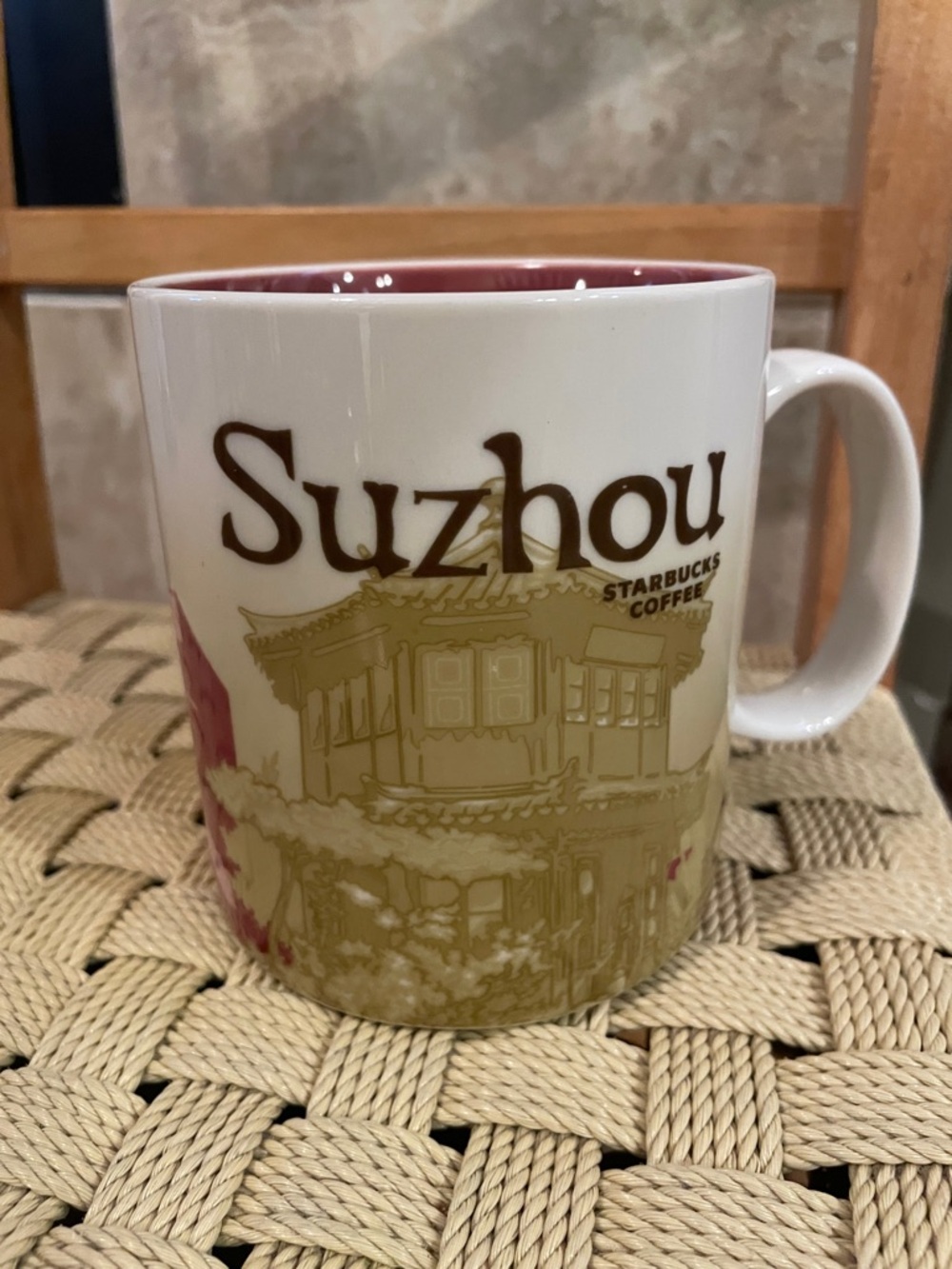 Starbucks Suzhou Ceramic Mug - White Exterior with Pink Interior and Gold Detail